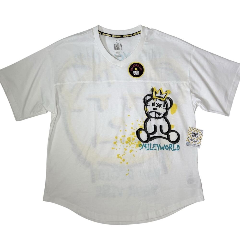SmileyWorld Women’s Graphic T-Shirt Medium White Relaxed Fit Crown Bear NWT